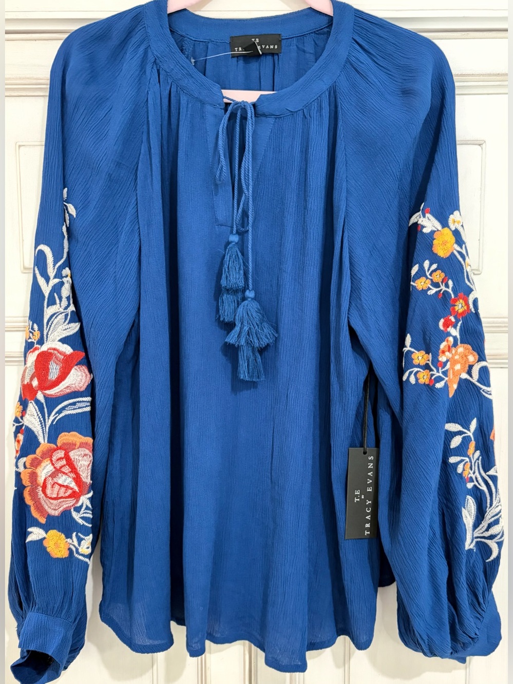 NWT SZL Tracy Evans Royal Blue Embroidered Tassel Peasant Tunic